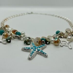 Silver Starfish Charm Necklace with Turquoise Accents